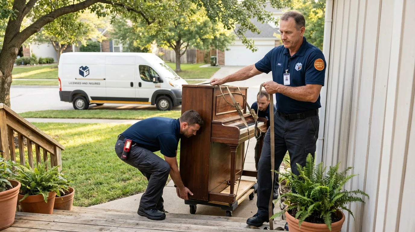 Licensed piano movers securing grand piano in Weatogue, CT