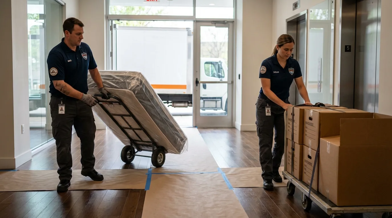 Professional apartment movers loading elevator in Weatogue, CT