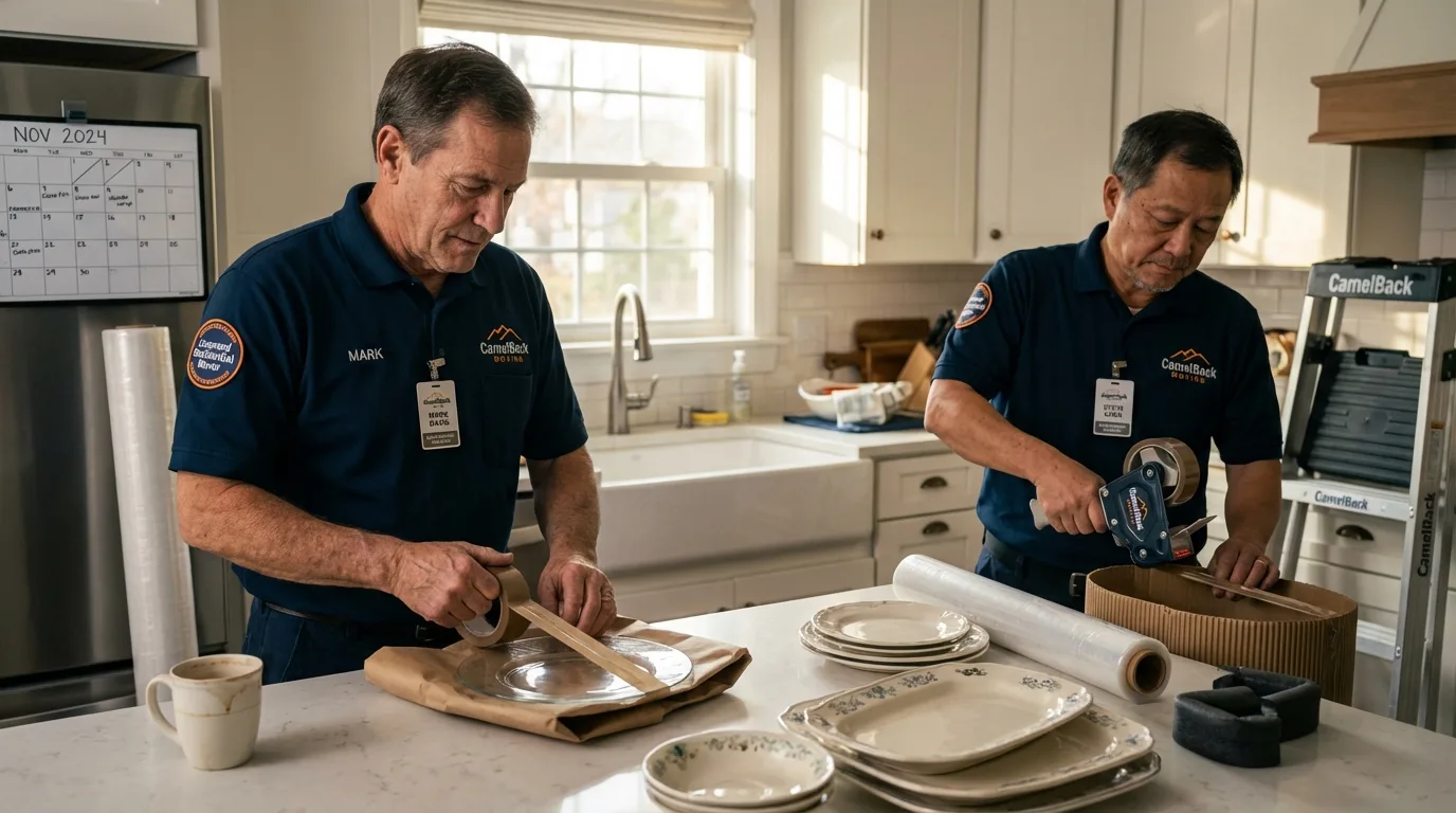 Professional crew packing kitchen dishware in Weatogue, CT